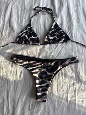 Wanderlust Black & Cream Leopard Animal-Print Triangle Bikini
